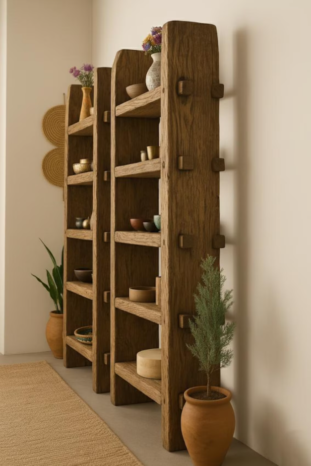 Solid Wood Book Shelf Rustic Handmade Furniture Mid Century Wooden Bookcase Live Edge Shelf Farmhouse Rustic Wood Bookcase, Ladder Bookshelf