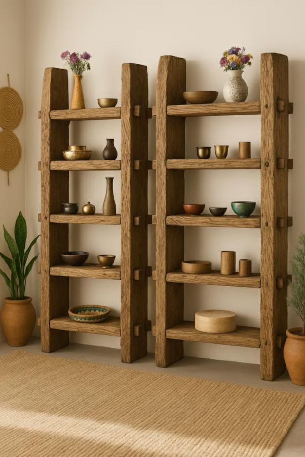 Solid Wood Book Shelf Rustic Handmade Furniture Mid Century Wooden Bookcase Live Edge Shelf Farmhouse Rustic Wood Bookcase, Ladder Bookshelf